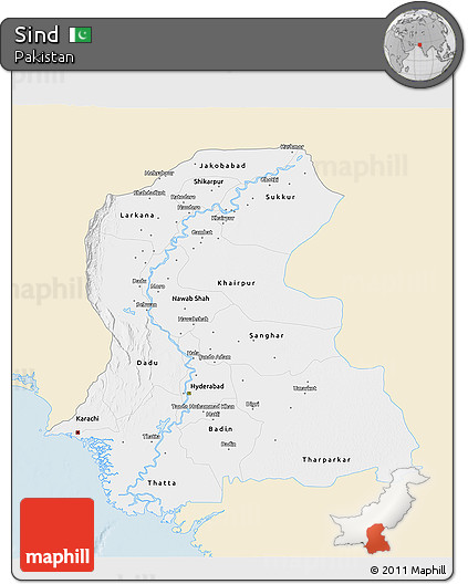 Classic Style 3D Map of Sind, single color outside