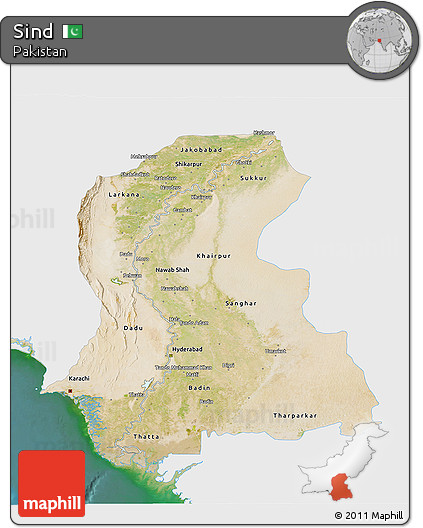 Satellite 3D Map of Sind, single color outside