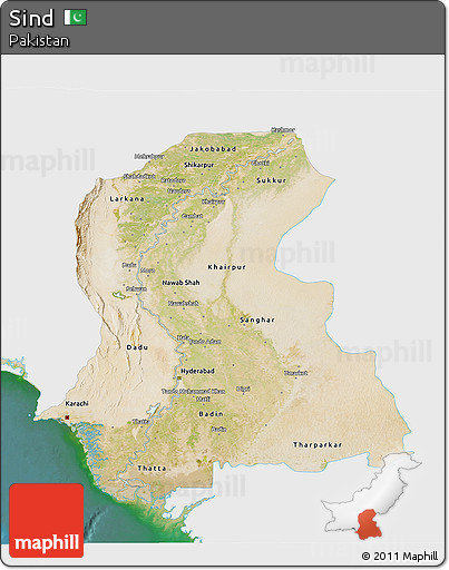Satellite 3D Map of Sind, single color outside