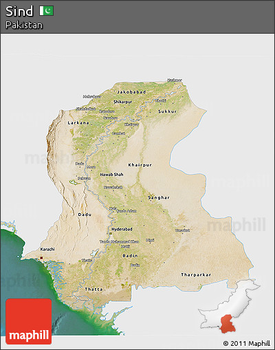 Satellite 3D Map of Sind, single color outside