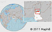 Gray Location Map of Jakobabad, highlighted parent region, hill shading