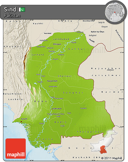 Physical Map of Sind, shaded relief outside
