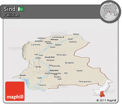 Shaded Relief Panoramic Map of Sind, cropped outside