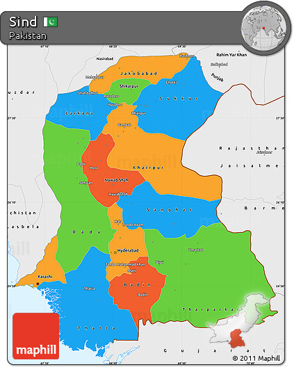 Political Simple Map of Sind, single color outside, borders and labels
