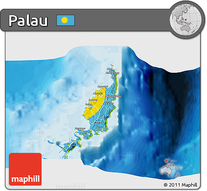 Flag 3D Map of Palau, physical outside, bathymetry sea, flag aligned to the middle