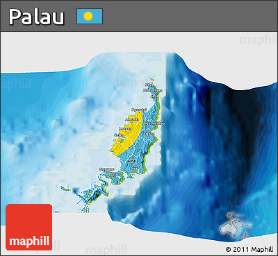 Flag 3D Map of Palau, physical outside, bathymetry sea, flag aligned to the middle