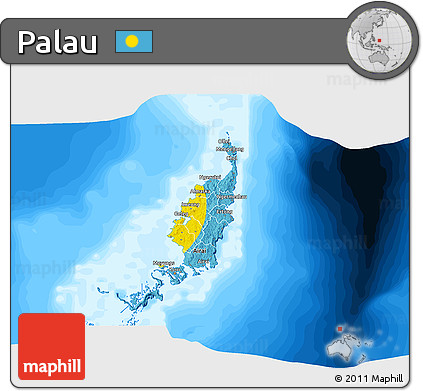 Flag 3D Map of Palau, single color outside, bathymetry sea, flag centered