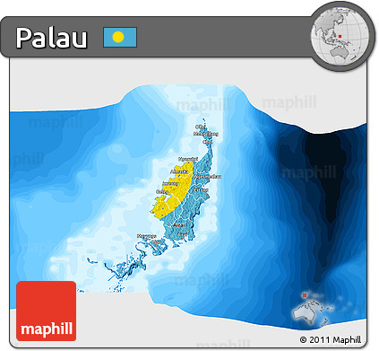 Flag 3D Map of Palau, single color outside, bathymetry sea, flag aligned to the middle