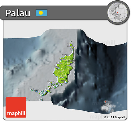 Physical 3D Map of Palau, darken, semi-desaturated