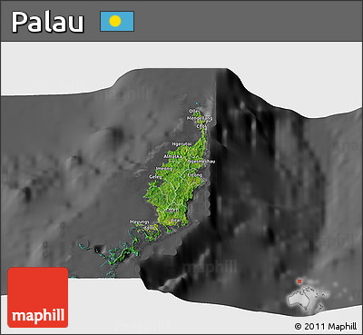 Satellite 3D Map of Palau, darken, desaturated