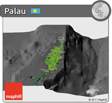 Satellite 3D Map of Palau, darken, desaturated