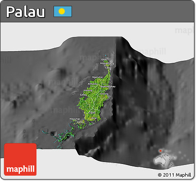 Satellite 3D Map of Palau, darken, desaturated