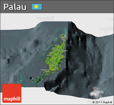 Satellite 3D Map of Palau, darken, semi-desaturated