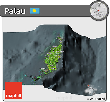 Satellite 3D Map of Palau, darken, semi-desaturated