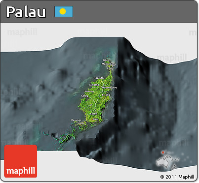 Satellite 3D Map of Palau, darken, semi-desaturated