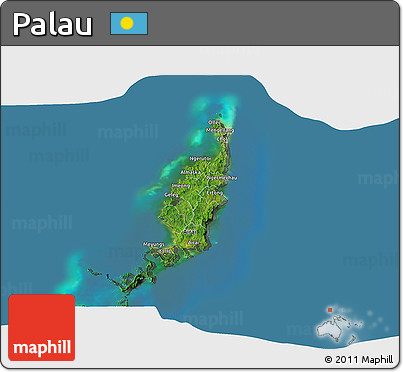 Satellite 3D Map of Palau, darken, semi-desaturated, land only