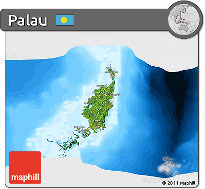 Satellite 3D Map of Palau, single color outside, bathymetry sea