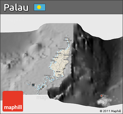 Shaded Relief 3D Map of Palau, darken, desaturated