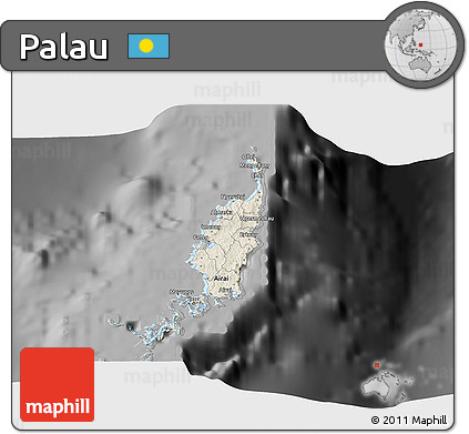 Shaded Relief 3D Map of Palau, darken, desaturated