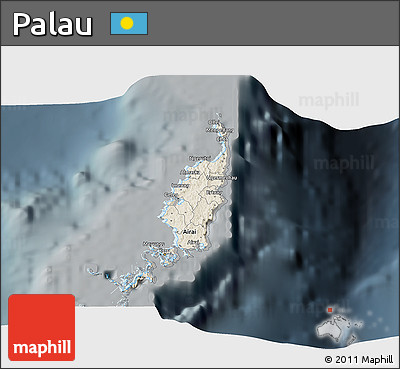 Shaded Relief 3D Map of Palau, darken, semi-desaturated