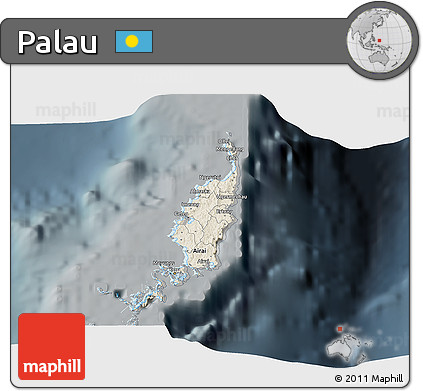 Shaded Relief 3D Map of Palau, darken, semi-desaturated