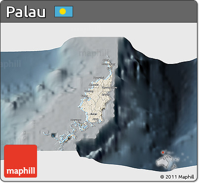 Shaded Relief 3D Map of Palau, darken, semi-desaturated
