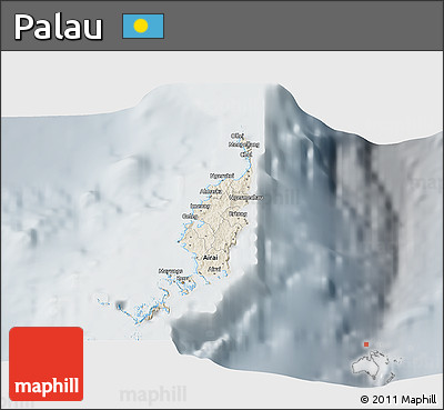 Shaded Relief 3D Map of Palau, lighten, semi-desaturated
