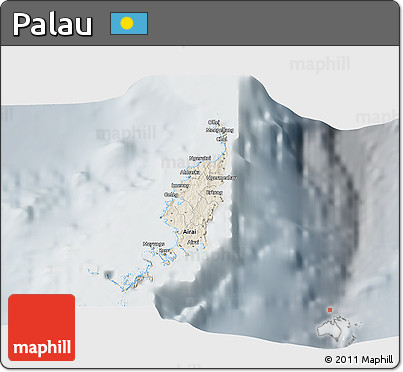 Shaded Relief 3D Map of Palau, lighten, semi-desaturated