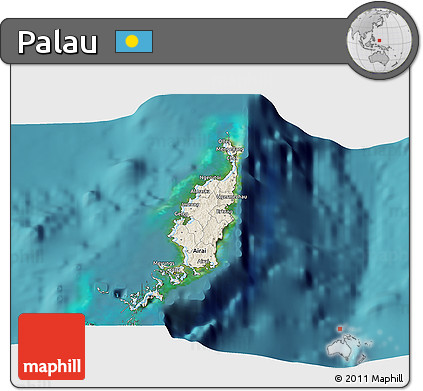 Shaded Relief 3D Map of Palau, single color outside, satellite sea