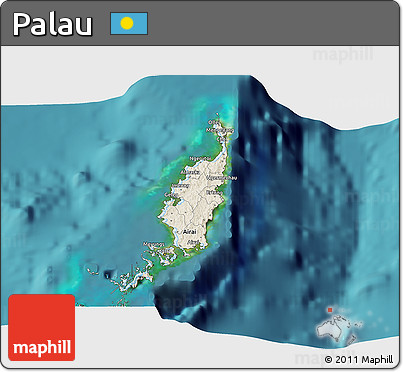 Shaded Relief 3D Map of Palau, single color outside, satellite sea