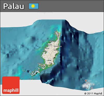 Shaded Relief 3D Map of Palau, single color outside, satellite sea