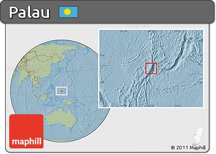 Satellite Location Map of Palau, savanna style outside, hill shading