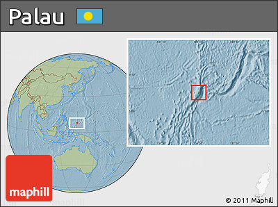 Satellite Location Map of Palau, savanna style outside, hill shading
