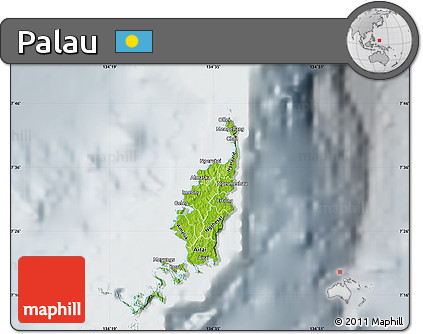 Physical Map of Palau, lighten, semi-desaturated