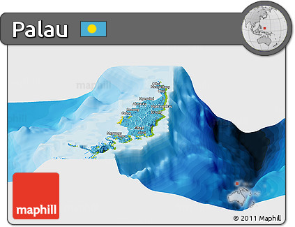 Flag Panoramic Map of Palau, physical outside, bathymetry sea