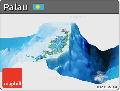 Flag Panoramic Map of Palau, physical outside, bathymetry sea