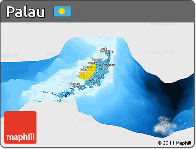 Flag Panoramic Map of Palau, single color outside, bathymetry sea, flag centered