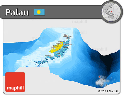 Flag Panoramic Map of Palau, single color outside, bathymetry sea, flag aligned to the middle
