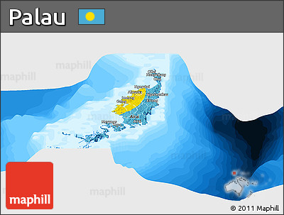 Flag Panoramic Map of Palau, single color outside, bathymetry sea, flag aligned to the middle