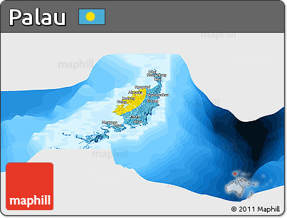 Flag Panoramic Map of Palau, single color outside, bathymetry sea, flag aligned to the middle