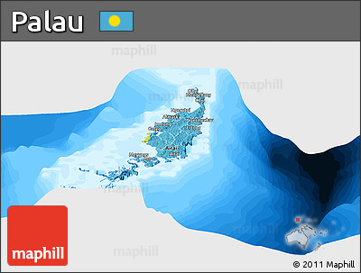 Flag Panoramic Map of Palau, single color outside, bathymetry sea