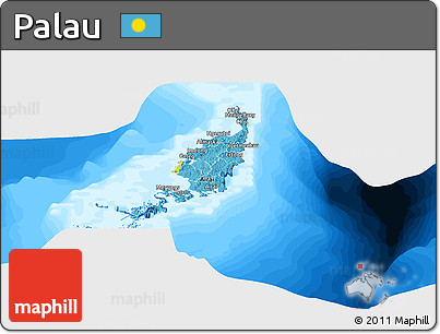 Flag Panoramic Map of Palau, single color outside, bathymetry sea