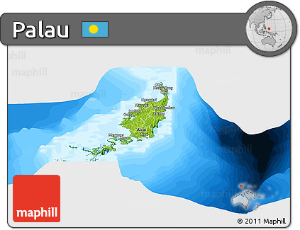 Physical Panoramic Map of Palau, single color outside, bathymetry sea