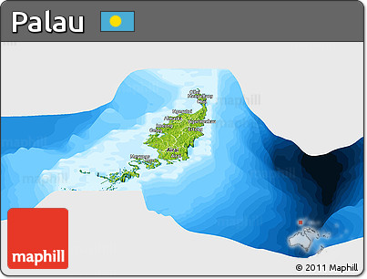 Physical Panoramic Map of Palau, single color outside, bathymetry sea