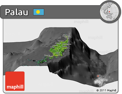 Satellite Panoramic Map of Palau, darken, desaturated