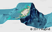 Shaded Relief Panoramic Map of Palau, single color outside, satellite sea