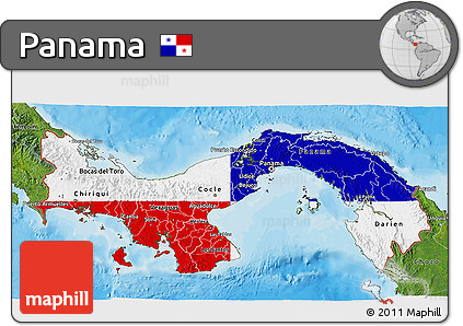 Flag 3D Map of Panama, satellite outside, bathymetry sea, flag aligned to the middle