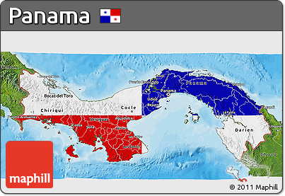 Flag 3D Map of Panama, satellite outside, bathymetry sea, flag aligned to the middle