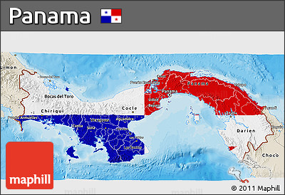 Flag 3D Map of Panama, shaded relief outside, bathymetry sea, flag centered