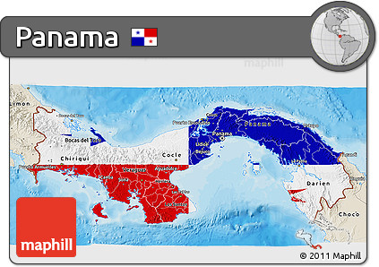 Flag 3D Map of Panama, shaded relief outside, bathymetry sea, flag rotated